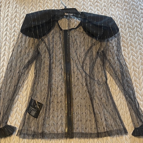 Zhivago Sheer Black Mesh Zip-Up Blouse with Puffed Shoulders - Picture 4 of 6